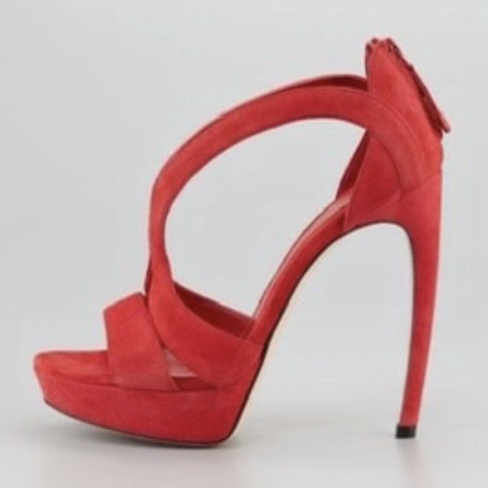ALEXANDER McQueen Double Arched Armadillo Red Sandals 36.5 Suede Ultra Heels